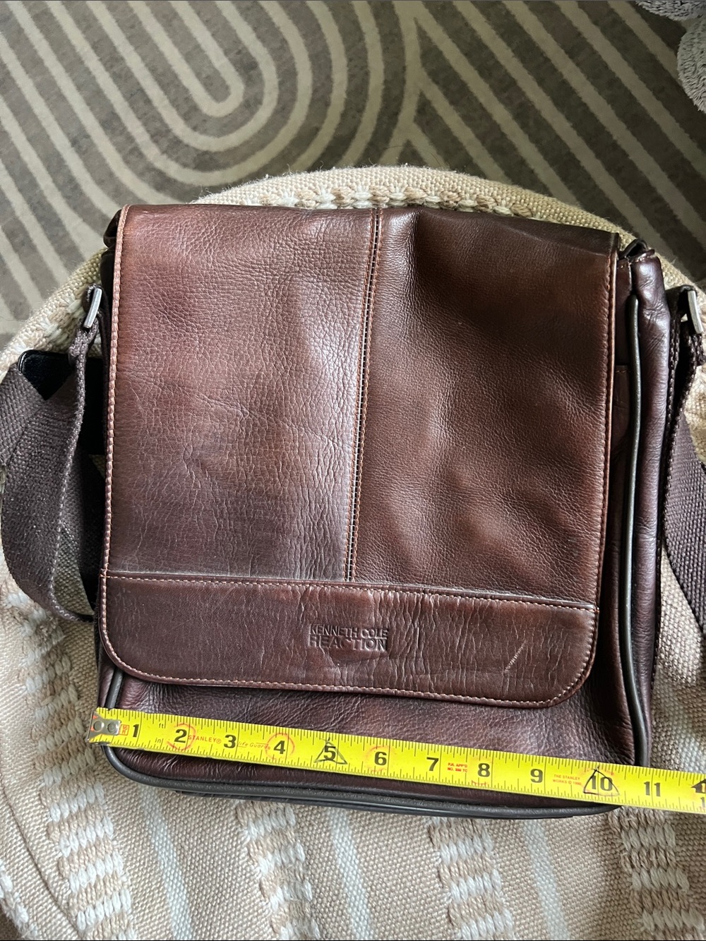 Genuine Leather Messenger Bag Kenneth Cole Reaction Dark Brown Adjustable Strap - Picture 12 of 15
